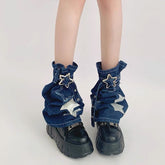 IKIOU Women'S Y2K Style Denim Leg Warmers, Star Embroidery Sequin, Acrylic 100% Knit Fabric, 300g/m² Mesh Long Socks, Winter Fashion Trendy Over-the-Calf Socks - KawaSocks